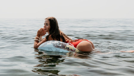 Woman summer sea. Happy woman swimming with inflatable donut on the beach in summer sunny day,...