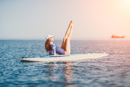 Woman sup yoga. Middle age sporty woman practising yoga pilates on paddle sup surfboard. Female stretching doing workout on sea water. Modern individual female hipster outdoor summer sport activity.の写真素材