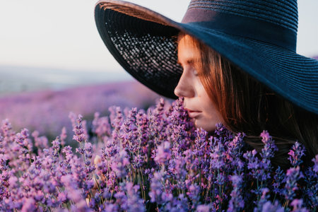 Woman lavender field. Happy carefree woman in black dress and hat with large brim smelling a blooming lavender on sunset. Perfect for inspirational and warm concepts in travel and wanderlust. Close upの写真素材