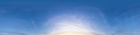 Sunset sky panorama with golden pink Cirrus clouds. Seamless hdr spherical 360 panorama. Sky dome in...
