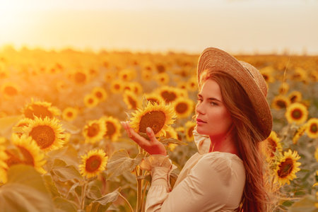 Woman in Sunflower Field: Happy girl in a straw hat posing in a vast field of sunflowers at sunset, enjoy taking picture outdoors for memories. Summer time.の写真素材