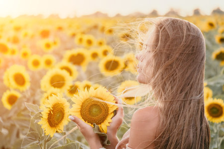 Woman in Sunflower Field: Happy girl in a straw hat stands in a vast field of sunflowers at sunset. Summer time.の写真素材