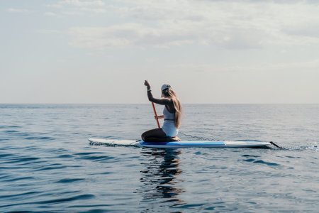 Woman sea sup. Close up portrait of happy young caucasian woman with long hair looking at camera and smiling. Cute woman portrait in bikini posing on sup board in the seaの写真素材