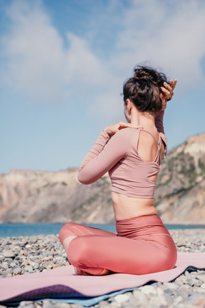 Middle aged well looking woman with black hair, fitness instructor in leggings and tops doing...