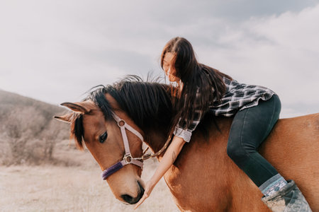 Young happy woman in hat with her horse in evening sunset light. Outdoor photography with fashion...