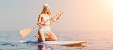 Woman sea sup. Close up portrait of happy young caucasian woman with long hair looking at camera and smiling. Cute woman portrait in bikini posing on sup board in the seaの写真素材
