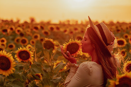 Woman in Sunflower Field: Happy girl in a straw hat posing in a vast field of sunflowers at sunset,...