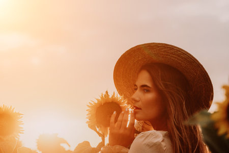 Woman in Sunflower Field: Happy girl in a straw hat posing in a vast field of sunflowers at sunset, enjoy taking picture outdoors for memories. Summer time.の写真素材