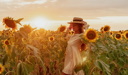 Woman in Sunflower Field: Happy girl in a straw hat posing in a vast field of sunflowers at sunset, enjoy taking picture outdoors for memories. Summer time.の写真素材