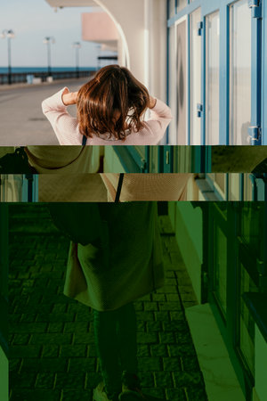 Woman summer travel sea. Happy tourist enjoy taking picture outdoors for memories. Carefree woman traveler posing on beach at sea on sunset, sharing travel adventure journey. Holiday vacation concept.の写真素材