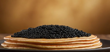 Pancakes with caviar for breakfast highlight luxury morning meal. Golden stack of thin pancakes or blini topped with black caviarの素材