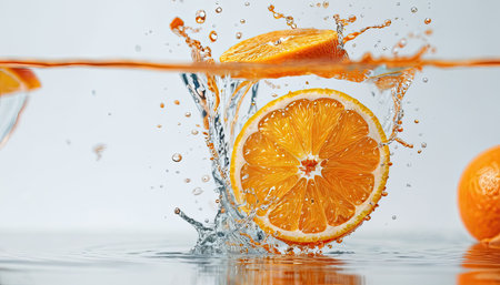 Orange slices in water smooth surface. Bright upright on wet surfaceの素材