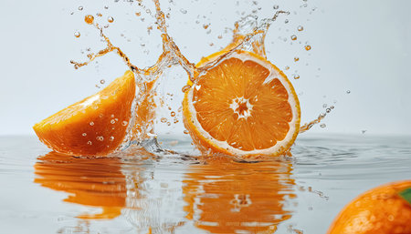 Orange slices in water smooth surface. Bright upright on wet surfaceの素材