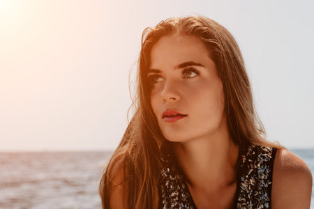 Woman summer travel sea. Happy tourist enjoy taking picture outdoors for memories. Woman traveler...