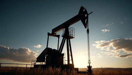 Oil rig operates efficiently in open field on sunset. Worker oversees process ensuring safety and productivity. energy production from natural resources during eveningの素材