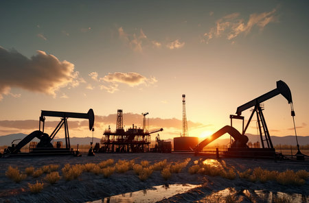 Oil rig operates efficiently in open field on sunset. Worker oversees process ensuring safety and productivity. energy production from natural resources during eveningの素材