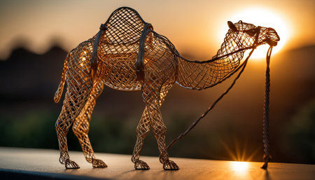 camel bent wire animal figure on blurred backdrop, abstract wire animal creative figures, art and imagination intersection.の素材