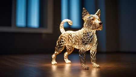 dog bent wire figure on blurred backdrop, abstract wire dog creative figures, art and imagination intersection.の素材