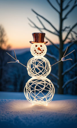 Snowman bent wire figure on blurred backdrop with snowy landscape, dusk during Christmas season, abstract wire creative figures, art and imagination intersection.の素材