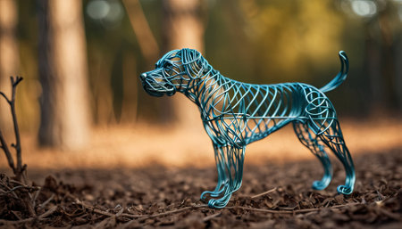 dog bent wire figure on blurred backdrop, abstract wire dog creative figures, art and imagination intersection.の素材