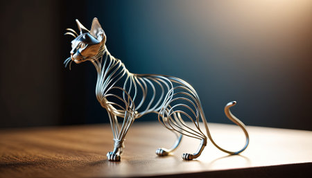 cat bent wire figure on blurred backdrop, abstract wire cat creative figures, art and imagination intersection.の素材