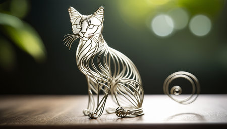 cat bent wire figure on blurred backdrop, abstract wire cat creative figures, art and imagination intersection.の素材