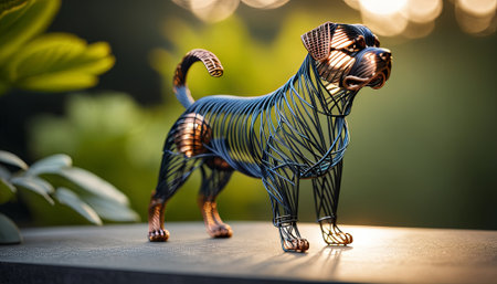 dog bent wire figure on blurred backdrop, abstract wire dog creative figures, art and imagination intersection.の素材