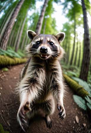 Animal make selfie in forest. Close-up Raccoon in forest take selfie. interaction between wildlife and modern photography trendsの素材