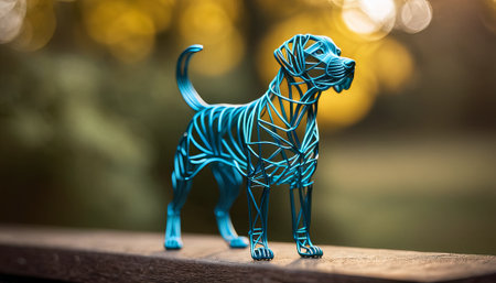 dog bent wire figure on blurred backdrop, abstract wire dog creative figures, art and imagination intersection.の素材