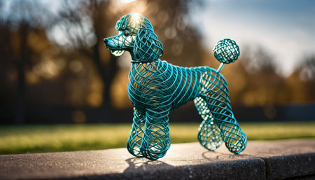dog bent wire figure on blurred backdrop, abstract wire dog creative figures, art and imagination intersection.の素材
