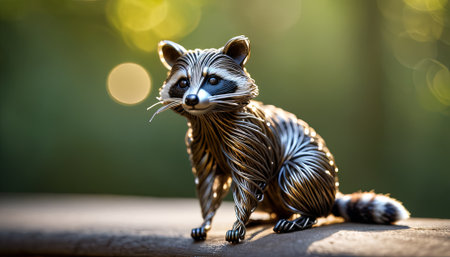 Raccoon bent wire animal figure on blurred backdrop, abstract wire animal creative figures, art and imagination intersection.の素材