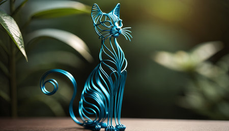 cat bent wire figure on blurred backdrop, abstract wire cat creative figures, art and imagination intersection.の素材