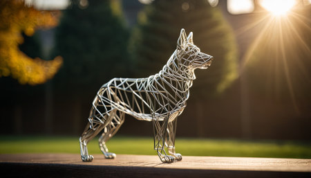 dog bent wire figure on blurred backdrop, abstract wire dog creative figures, art and imagination intersection.の素材