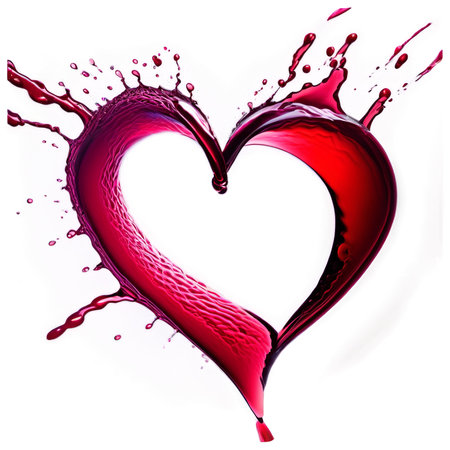 Red Wine forms heart-shaped splash mid-air on transparent backgroundの素材