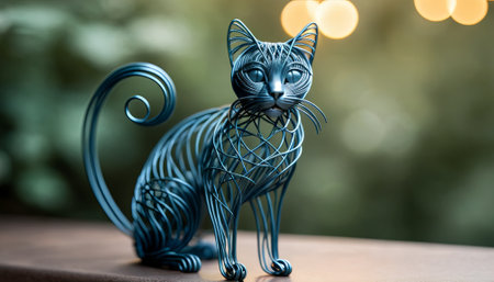 cat bent wire figure on blurred backdrop, abstract wire cat creative figures, art and imagination intersection.の素材