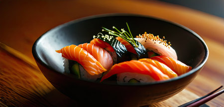 Sushi plate on wooden surface: Rolls neatly arranged, Assorted sushi, dark plate, wooden table.の素材