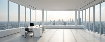 Modern office space located in a towering building, views of the urban landscape. Spacious office, high above city with panoramic windows revealing expansive cityscape.の素材