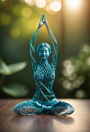Woman in yoga pose, bent wire figure on nature backdrop, Creative figures symbol of yoga and harmony, art and serenity intersection. Female fitness yoga routine concept. Healthy lifestyle.の素材