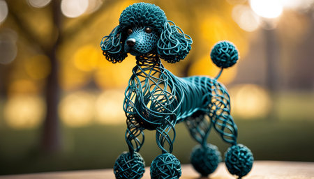 dog bent wire figure on blurred backdrop, abstract wire dog creative figures, art and imagination intersection.の素材
