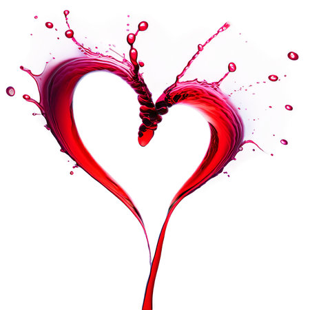 Red Wine forms heart-shaped splash mid-air on transparent backgroundの素材
