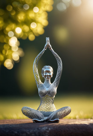 Woman in yoga pose, bent wire figure on nature backdrop, Creative figures symbol of yoga and harmony, art and serenity intersection. Female fitness yoga routine concept. Healthy lifestyle.の素材