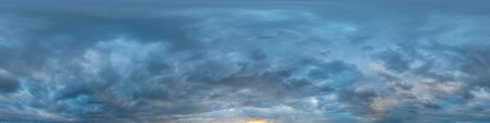 Dramatic overcast sky panorama with dark gloomy Cumulonimbus clouds. HDR 360 seamless spherical...