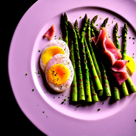 Asparagus salad ingredients over composed plate blanched asparagus poached egg and prosciutto spinning vivaciously withの素材