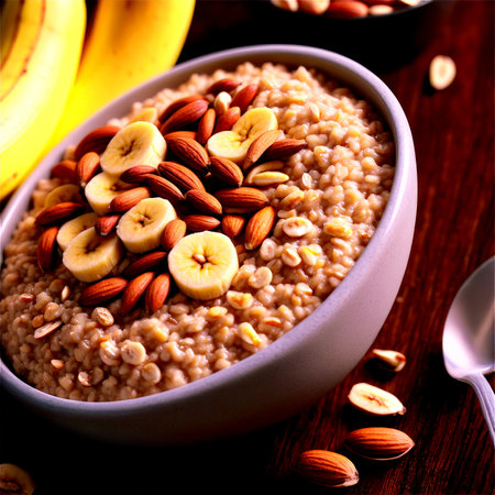 Breakfast oatmeal with steel cut oats cooked with milk and a touch of honey toppedの素材