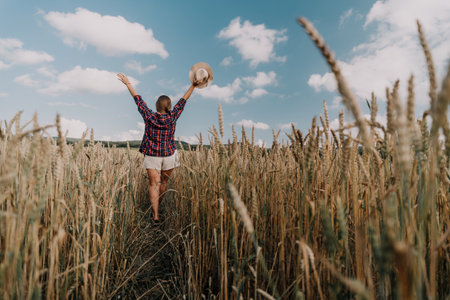 Woman farmer walks through a wheat field at sunset, touching green ears of wheat with his hands....