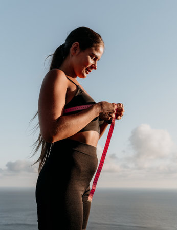 A woman is holding a pink tape measure and is measuring her breasts after morning fitness