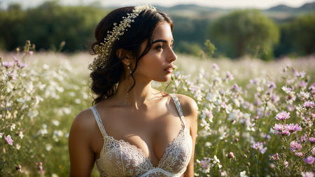 Uplifting and spirited Middle Eastern lingerie model captured in joyous skip wearing lace detailed lingerieの素材