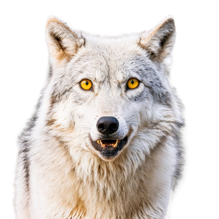 Majestic gray wolf Canis lupus howling thick silver and white fur piercing yellow eyes Animal