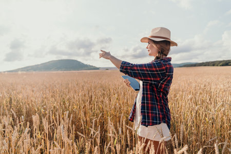 Woman wheat field. Agronomist, Woman farmer check golden ripe barley spikes in cultivated field. Closeup of female hand on plantation in agricultural crop management concept. Slow motionの写真素材