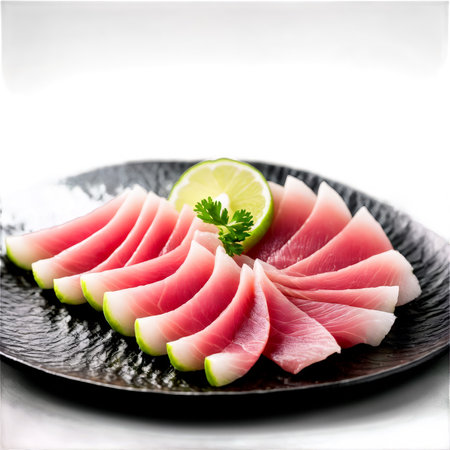 Tuna sashimi thinly sliced arranged in a fan pattern accompanied by wasabi pickled ginger andの素材